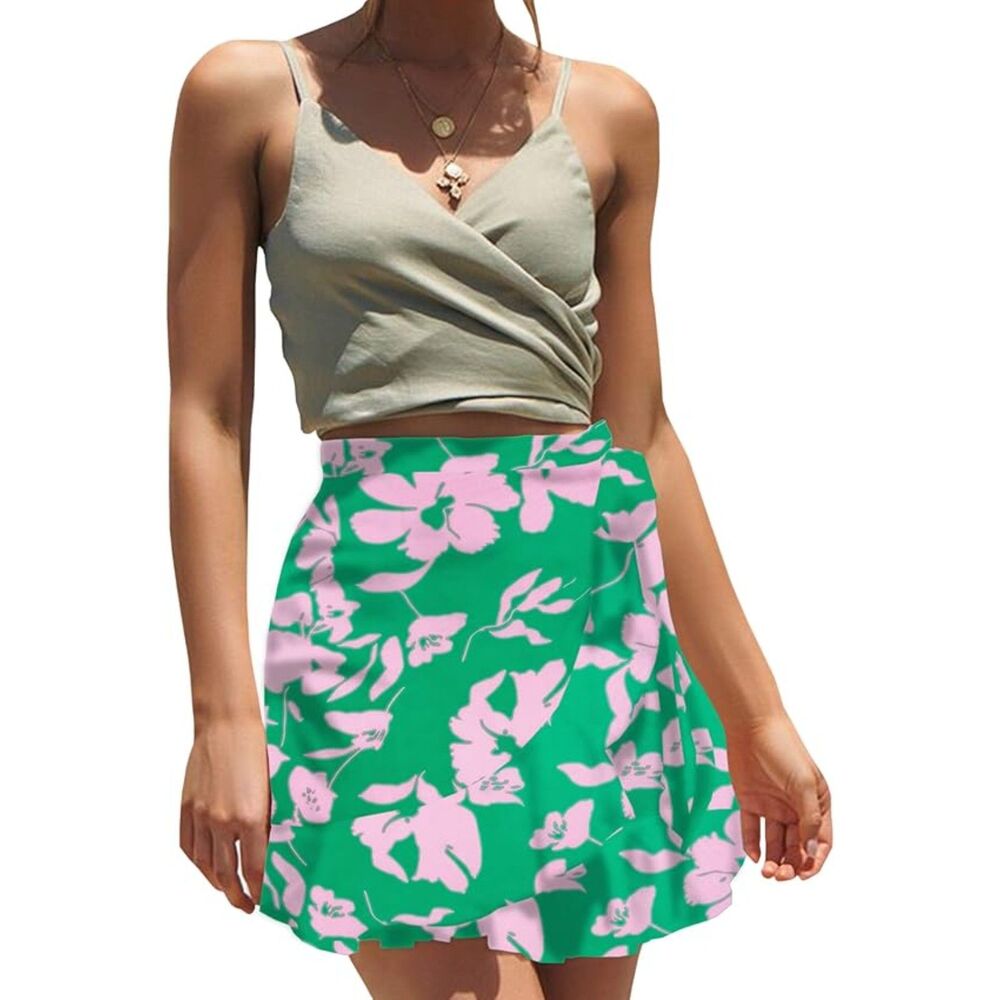 Floral Ruffle Hem Wrap Elastic Waist Tie Front Zip Up Skorts, M, 8F-1315B004 134